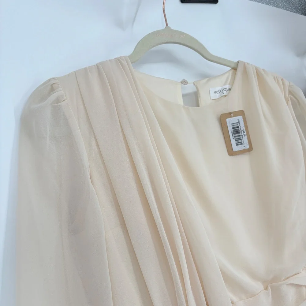 NWT S Vestique Listen to your heart chiffon Ruched Mini Dress Long Sleeve Ivory
